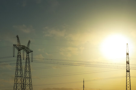 Telephone poles with cables on sunny day outdoors
