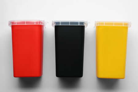 Sharps containers for used syringes on white background, top viewの写真素材