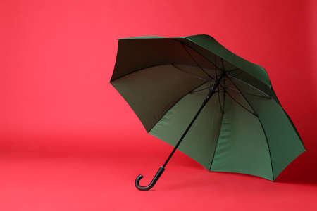 Stylish open green umbrella on red background. Space for textの写真素材