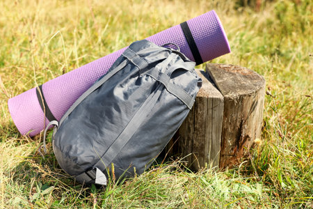 Sleeping bag and camping mat near tree stump outdoorsの写真素材