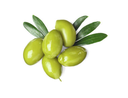 Delicious fresh green olives with leaves on white background, top viewの写真素材