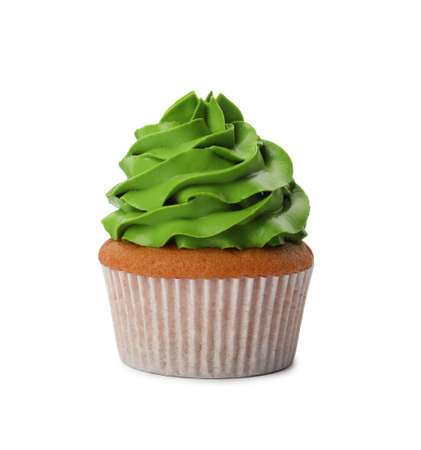 Delicious cupcake with green cream isolated on whiteの写真素材