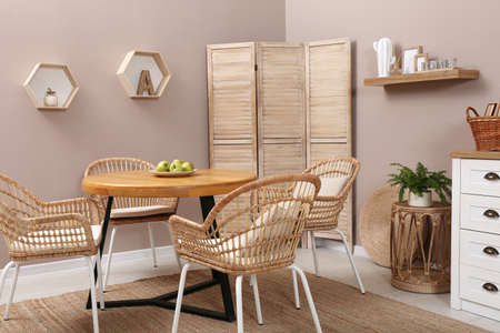 Modern living room with stylish wooden furniture. Interior designの写真素材