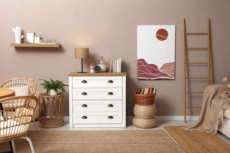 Modern living room with stylish wooden furniture. Interior designの写真素材