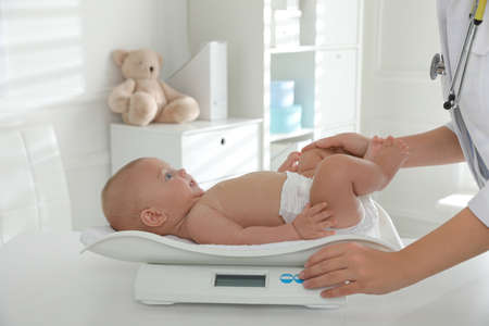 Pediatrician weighting cute baby in clinic, closeup. Health careの写真素材