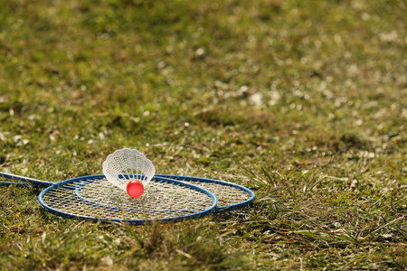 Badminton racquets and shuttlecock on green grass outdoors. Space for textの写真素材