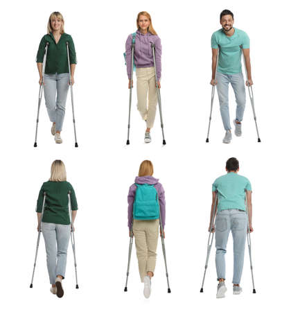 People with axillary crutches on white background, collageの写真素材