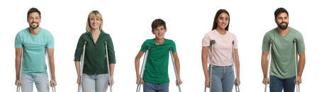 People with axillary crutches on white background, collage. Banner designの写真素材