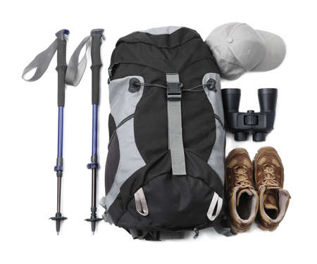 Pair of trekking poles and camping equipment for tourism on white background, top viewの写真素材