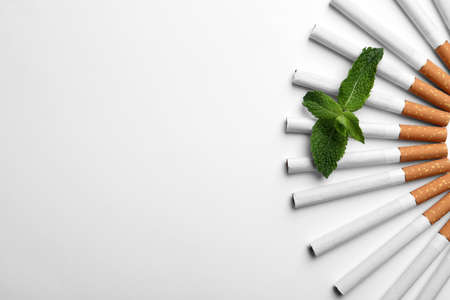 Menthol cigarettes and fresh mint leaves on white background, flat lay. Space for textの写真素材