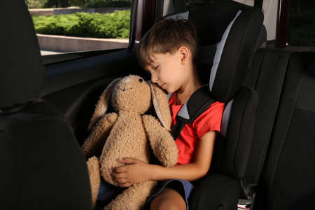 Little boy fastened with car safety belt in child seat sleepingの写真素材