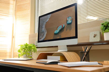 Comfortable workplace near window in room. Interior designの写真素材