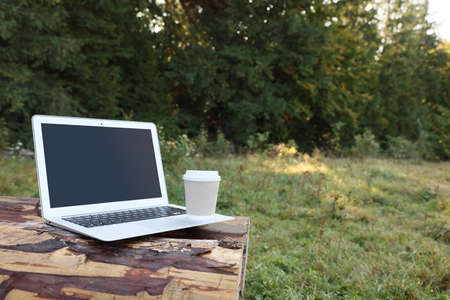 Modern laptop with blank screen and coffee cup on log in nature, space for text. Working outdoorsの写真素材