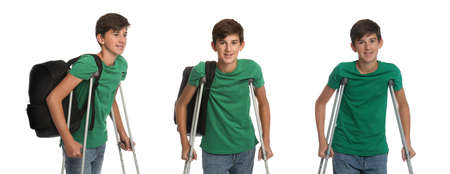 Teenage boy with axillary crutches on white background, collage. Banner designの写真素材