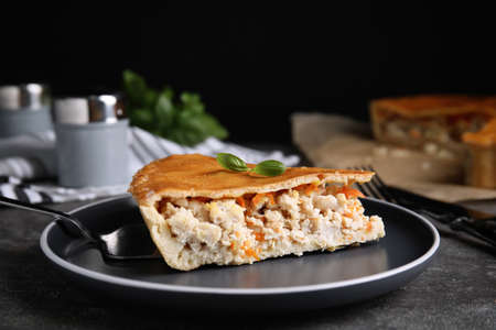 Piece of delicious pie with meat and basil on gray tableの写真素材