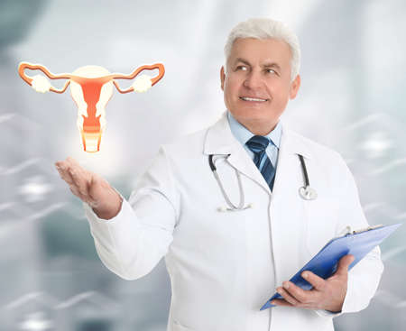 Senior doctor demonstrating virtual icon with illustration of female reproductive system on light background. Gynecological careの写真素材