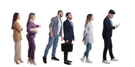 People waiting in queue on white background. Banner design