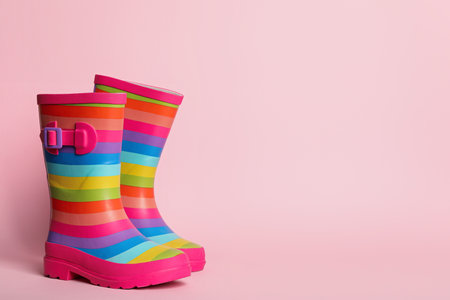 Pair of striped rubber boots on pink background. Space for textの写真素材