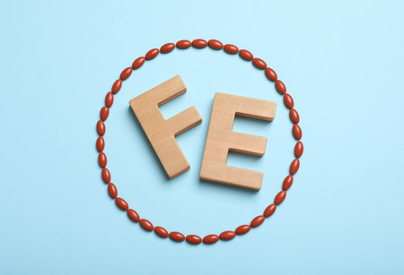 Wooden letters FE and pills on light blue background, flat lay. Anemia conceptの写真素材