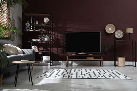 Living room interior with modern TV on standの写真素材