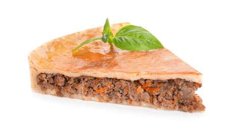Piece of delicious pie with minced meat isolated on whiteの写真素材