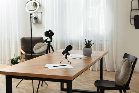 Camera and lighting equipment on tripods near table in room. Blogger workplaceの写真素材