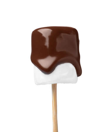Tasty marshmallow dipped into chocolate isolated on whiteの写真素材
