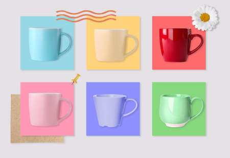 Multicolor mugs and cards of similar shades on light background, collage. Montessori methodの写真素材
