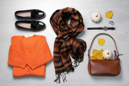 Fall fashion. Layout of women's outfit on light gray background, top view