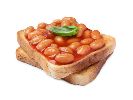 Delicious bread slices with baked beans on white backgroundの写真素材