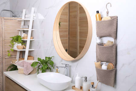 Bathroom interior with essentials and stylish accessoriesの写真素材
