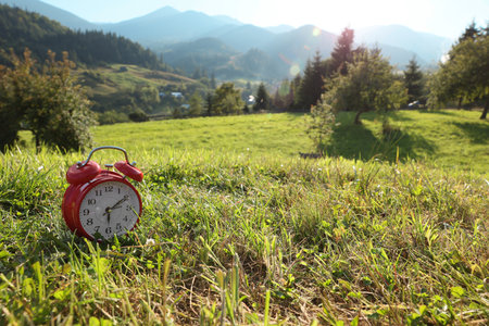 Red alarm clock on green mountain meadow in morningの写真素材