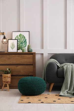 Stylish living room interior with knitted pouf, sofa and wooden chest of drawersの写真素材