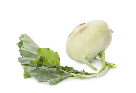 Whole ripe kohlrabi plant with leaves on white backgroundの写真素材