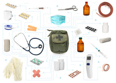 First aid kit. Set with different medical supplies on white backgroundの写真素材