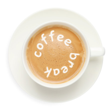 Cup of aromatic espresso with phrase Coffee Break isolated on white, top viewの写真素材
