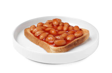 Delicious bread slice with baked beans isolated on whiteの写真素材