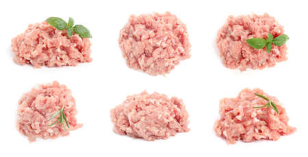 Set with fresh raw chicken minced meat on white backgroundの写真素材