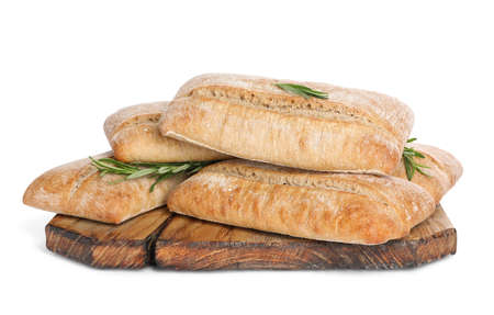 Crispy ciabattas with rosemary isolated on white. Fresh breadの写真素材