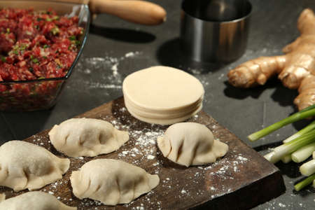 Uncooked gyoza and ingredients on gray table, closeupの写真素材