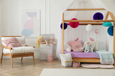 Stylish room for kid with house bed. Interior design