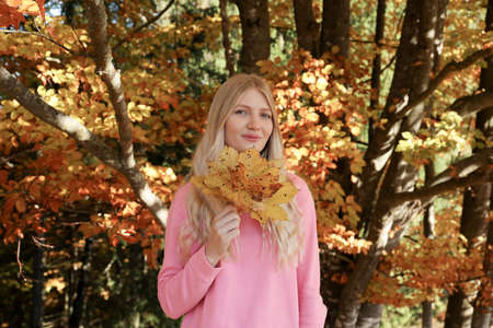 Portrait of beautiful young woman with autumn leaves in forest