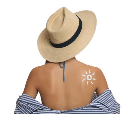 Teenage girl with sun protection cream on her back against white background
