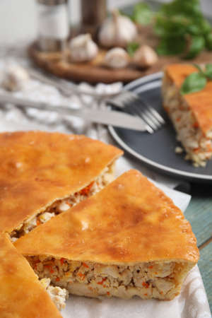Delicious meat pie on table, closeup. Space for text