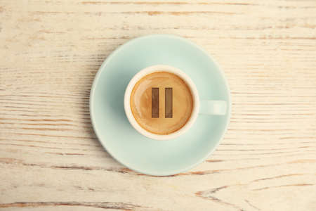Coffee Break. Cup of aromatic on white wooden table, top viewの写真素材