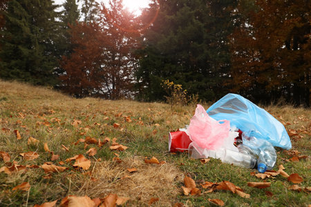 Pile of plastic garbage on grass near forest. Space for textの写真素材