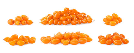Set with fresh ripe sea buckthorn berries on white background. Banner design