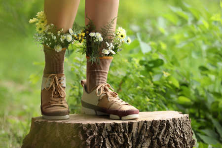 Woman standing on stump with flowers in socks outdoors, closeupの写真素材