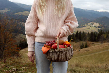 Woman holding wicker picnic basket with fruits and autumn leaves in mountains, closeupの写真素材