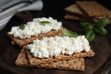 Crispy crackers with cottage cheese and basil on board, closeupの写真素材